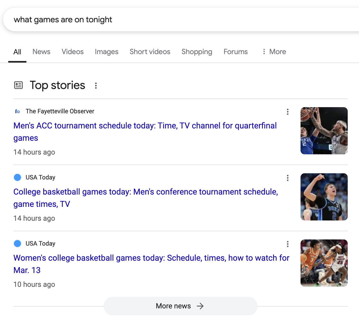 Cluttered search results for 'what games are on tonight'